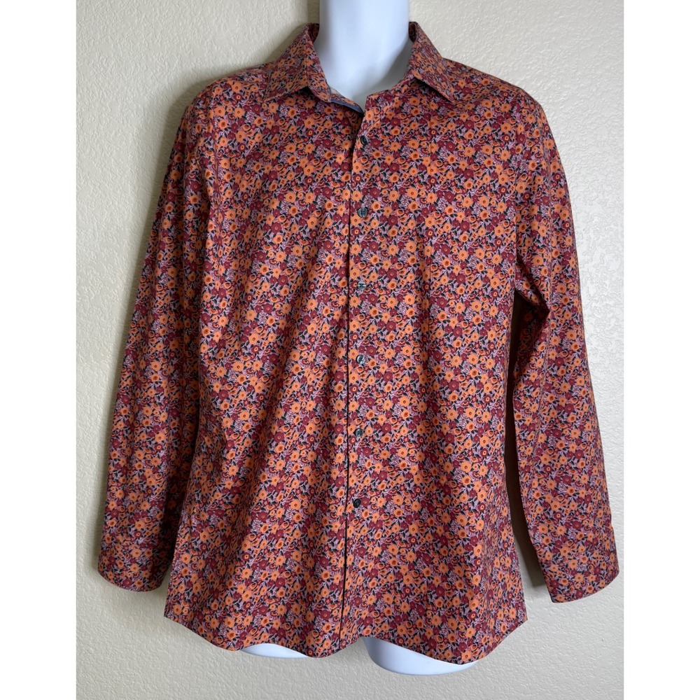 Bar III Mens Large Button Up Shirt Orange Floral Slim Fit Stretch Long Sleeve
